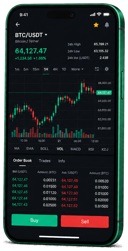 Interface mobile de trading Rentoflux — cours BTC/USDT en direct, carnet d’ordres et outils de surveillance des opérations